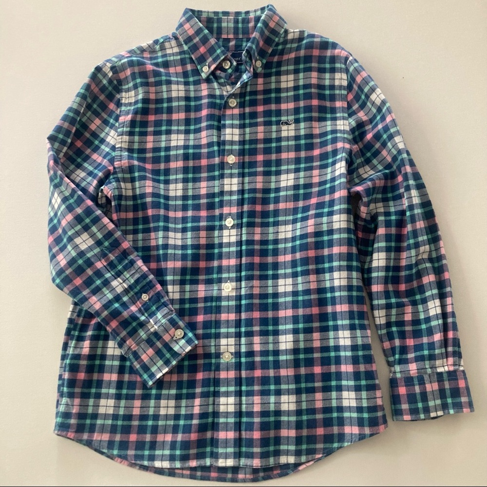 Vineyard Vines Boys 8-10 Blue Plaid Whale Flannel Shirt